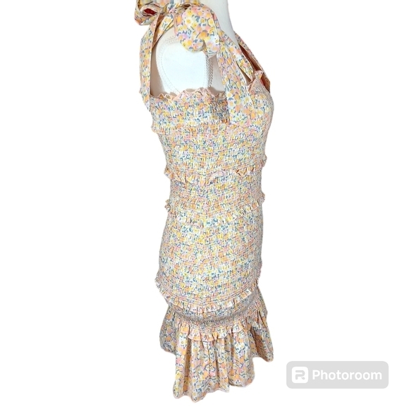 Mable Yellow Green Smocked Floral Tie Strap Mini Dress Size S NWOT - Picture 7 of 10